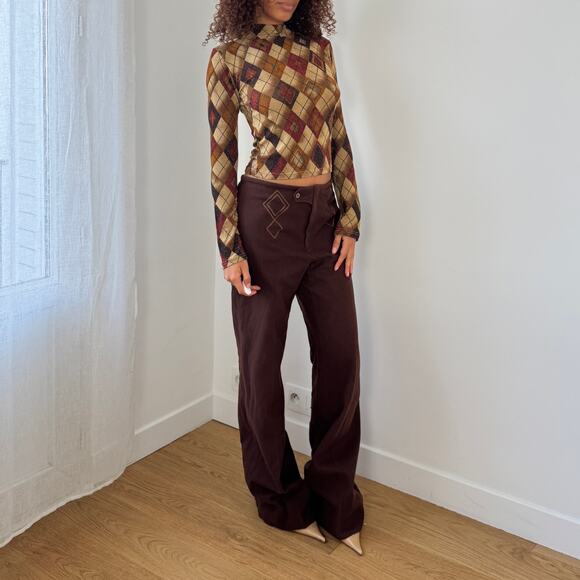 Vintage Italian chocolate brown wide-leg trousers with embroidered details (S/M) - Picture 4 of 10